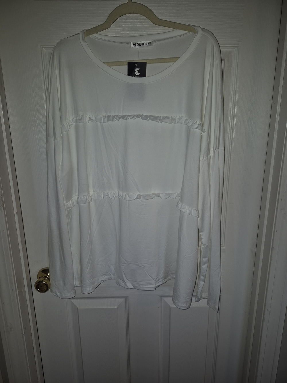 Doublju White Long Sleeve Ruffle-Trim Top
